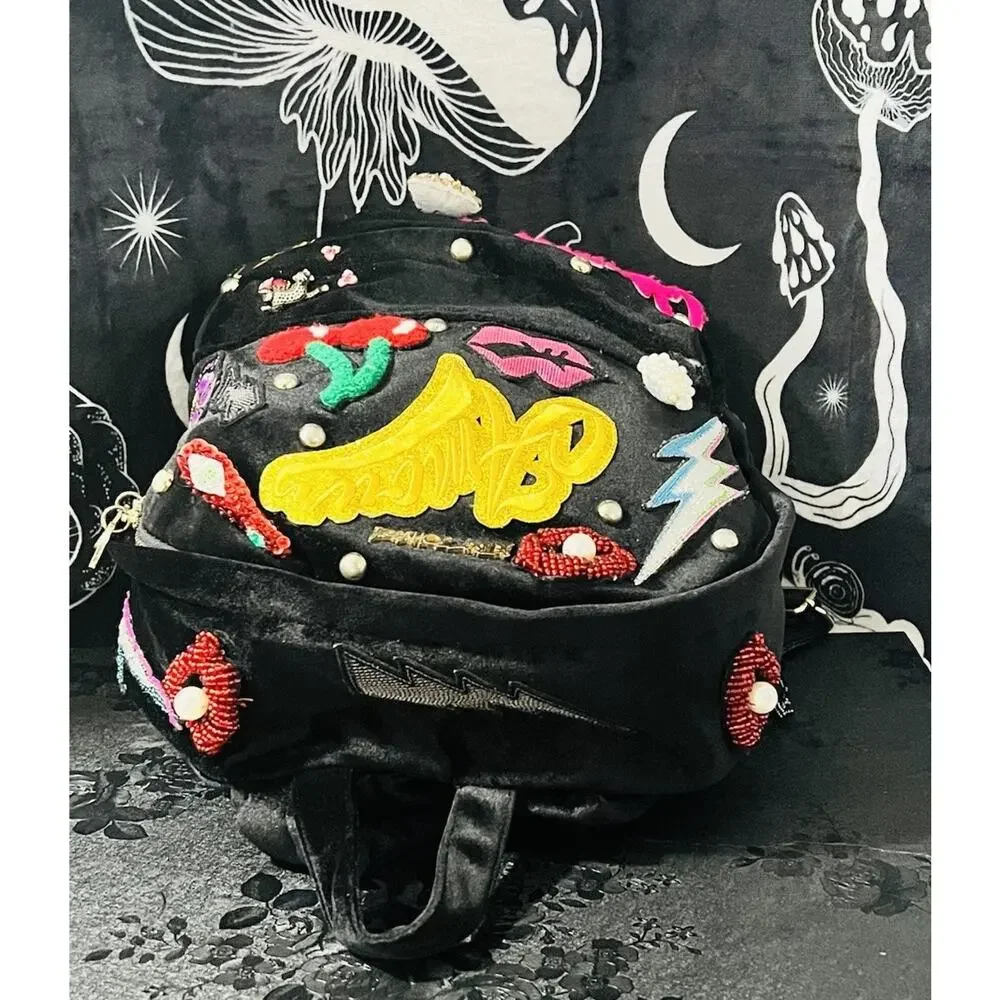 Betsey Johnson Embellished Punk Graffiti Backpack Black Rose Cherry Lips Studded